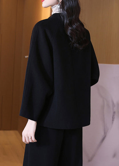 Black O Neck Pockets Wool Coats Spring