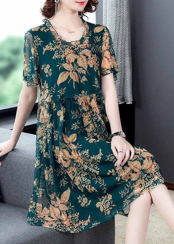 Italian Green O-neck Print Holiday Long Dress Summer
