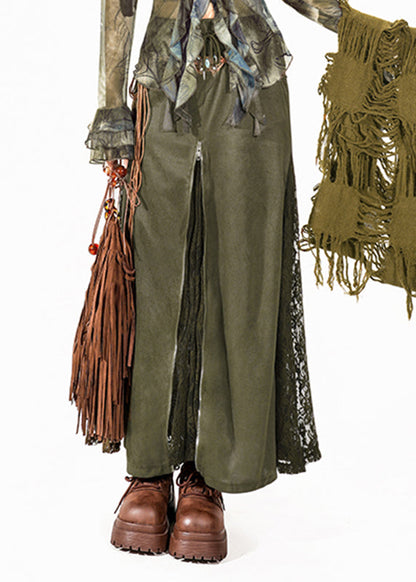 Green High Waist Maxi Skirt Summer Lace Patchwork