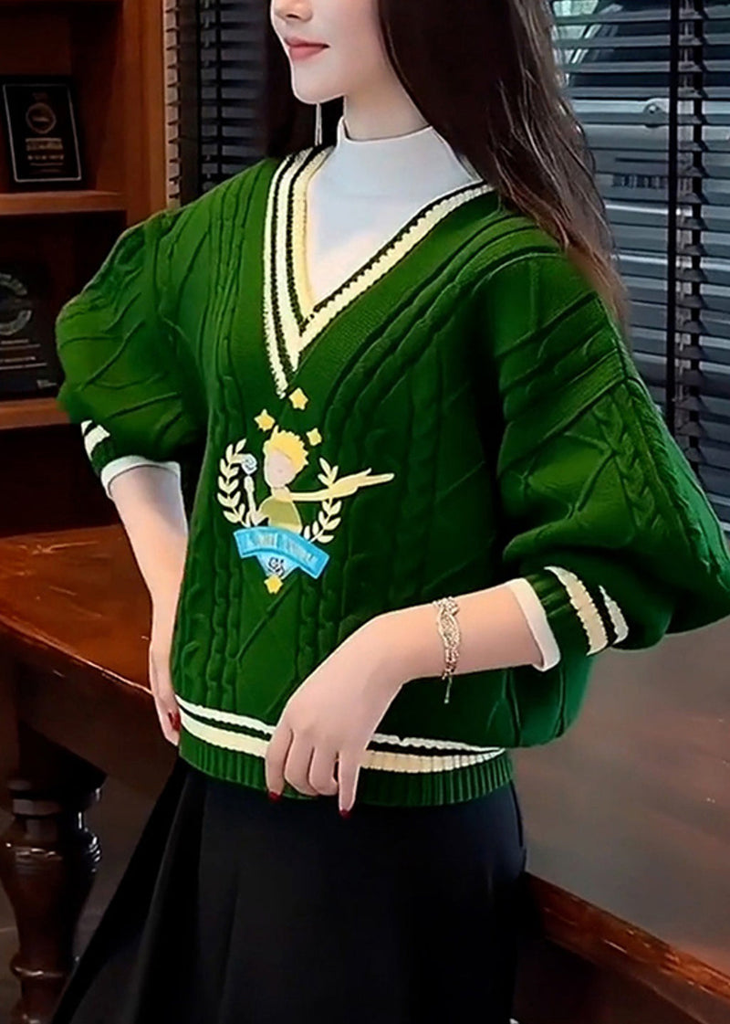 Unique Tea Green V Neck Thick Knit Sweater Spring