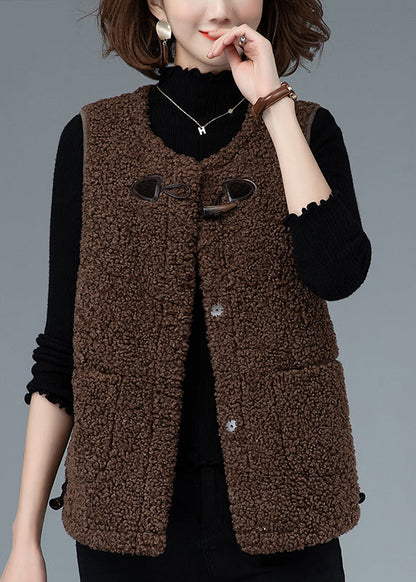 Coffee O-neck Drawstring Button Faux Fur Waistcoat Fall