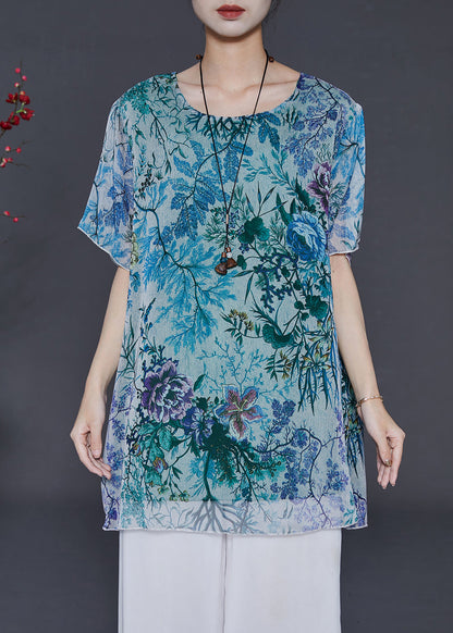 Blue Print Chiffon Blouses O-neck Oversized Summer