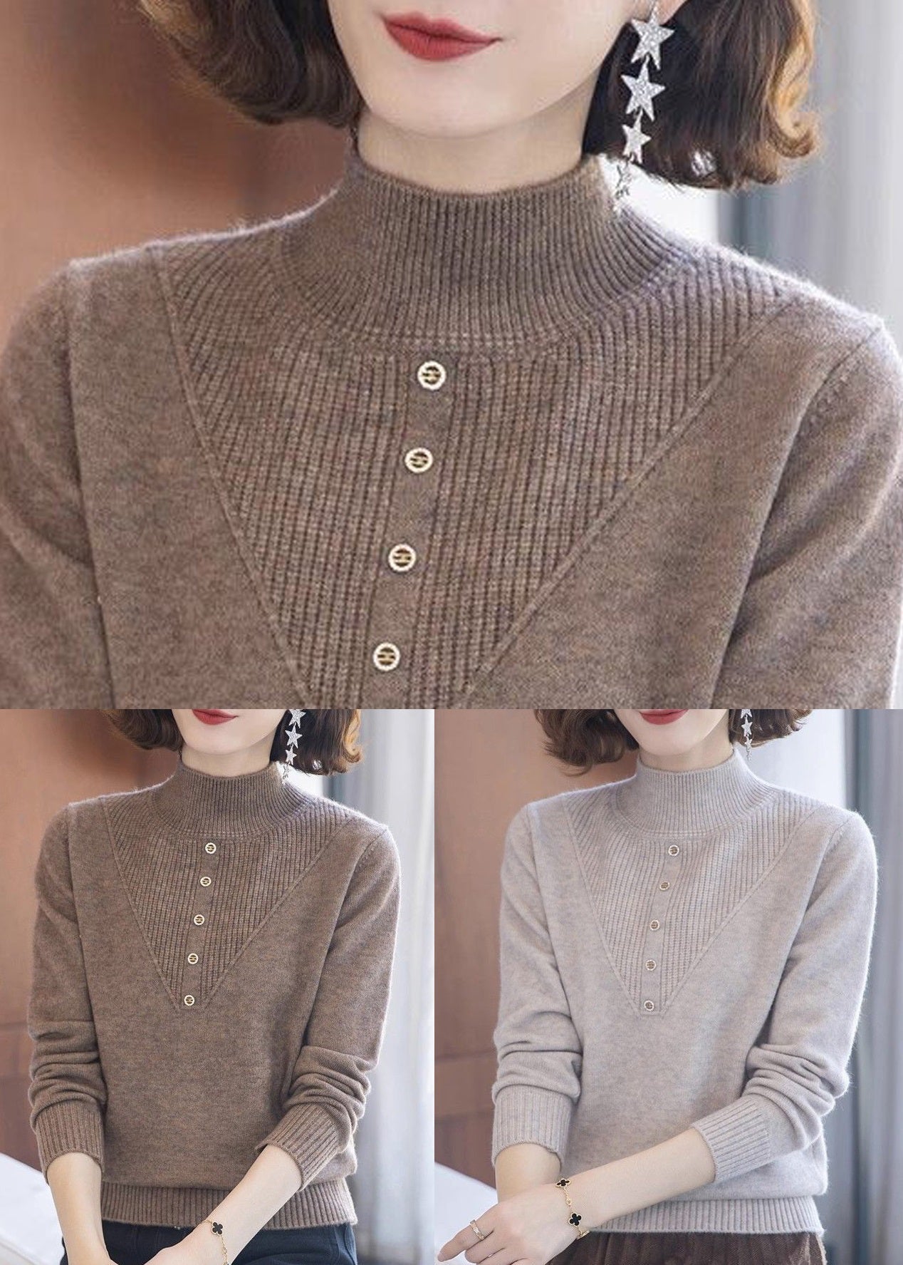 Beige Turtleneck Wool Knit Tops Long Sleeve