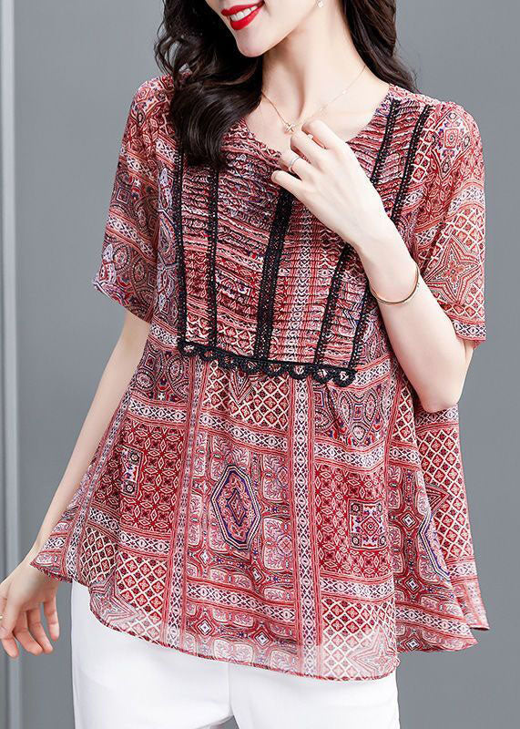 Red Print Wrinkled Chiffon Blouse Top Summer