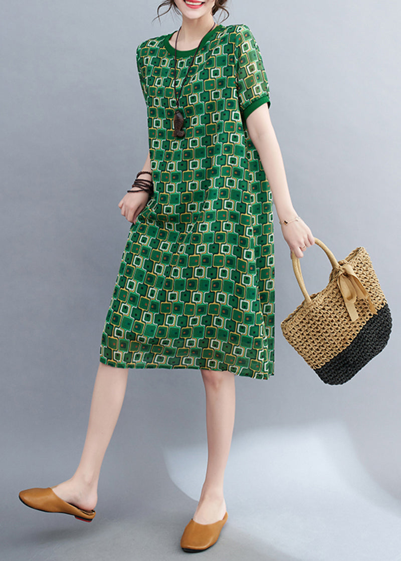 Green O-neck Print Chiffon Beach Dresses Summer