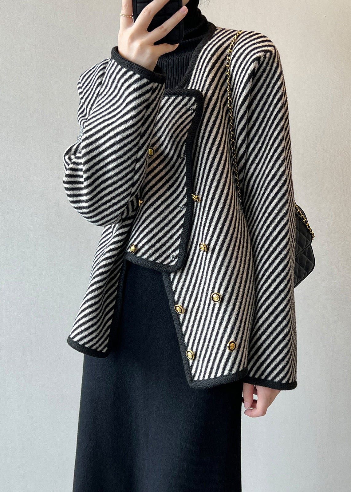 Italian Asymmetrical Striped Double Breast Cotton Coats Fall