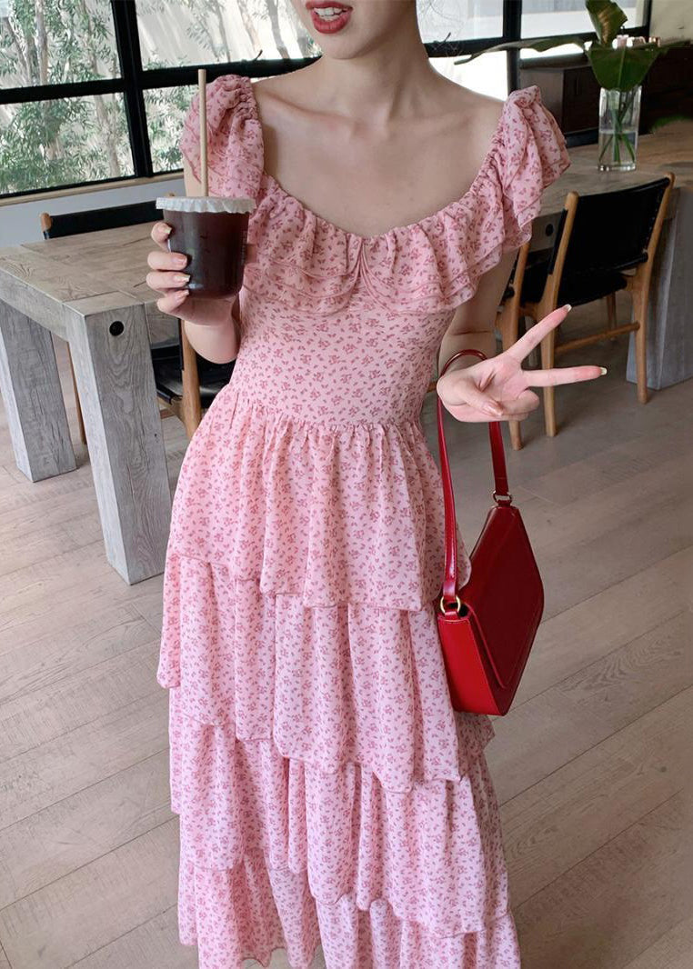 Pink Ruffled Print Chiffon Long Dress Summer