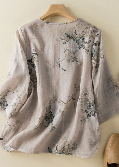 New O-neck Print Chinese Button Patchwork Linen Shirt Summer