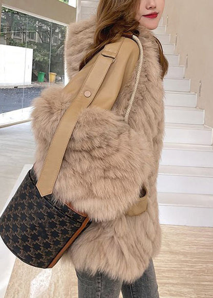 French Khaki Hooded Pockets Patchwork Leather and Fur Coats Winter