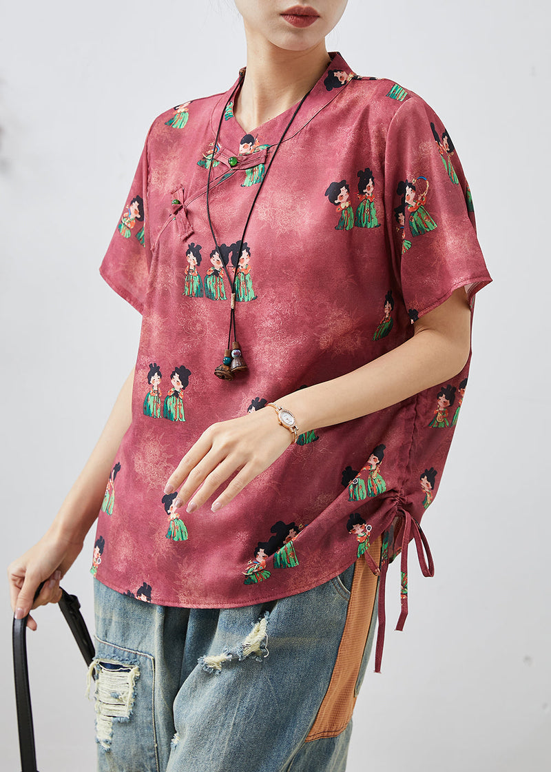 Dull Red Print Chinese Button Silk Shirt Summer
