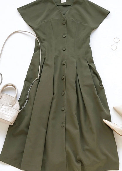 Green V Neck Patchwork Wrinkled Cotton Dress Summer
