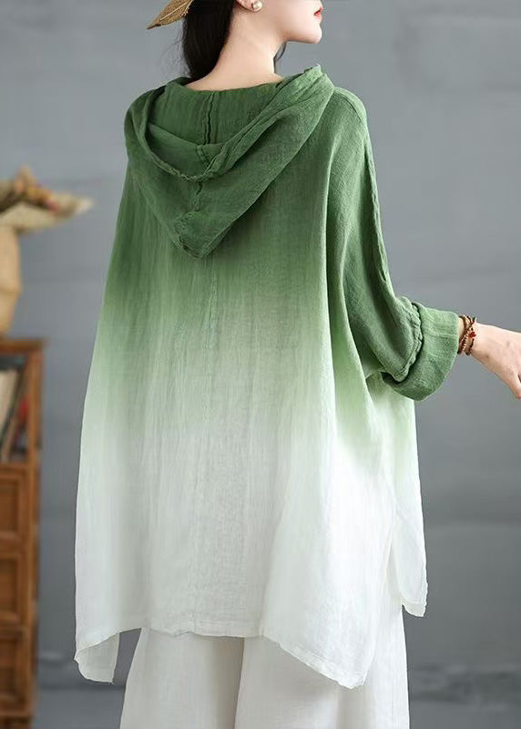 Gradient Green Hooded Linen Loose Sweatshirts Spring