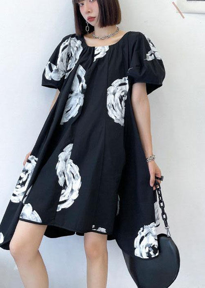 Unique Black Print O Neck Cotton Puff Sleeve Mini Dress Summer