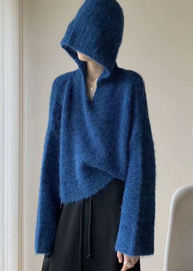Stylish Blue Hooded Oversized Knit Pullover Spring