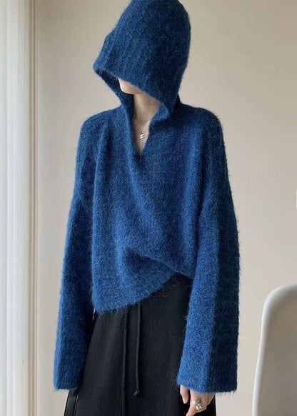Stylish Blue Hooded Oversized Knit Pullover Spring