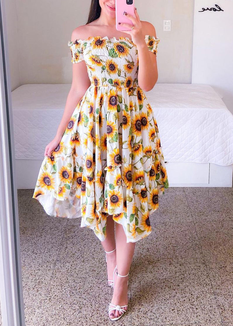 Sunflower Slash Neck Print Ruffled Cotton Dress Summer