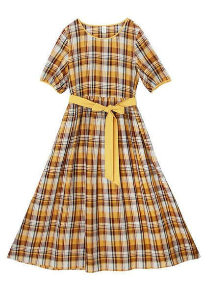 Yellow Plaid Tie Waist Mid Summer Linen Dress