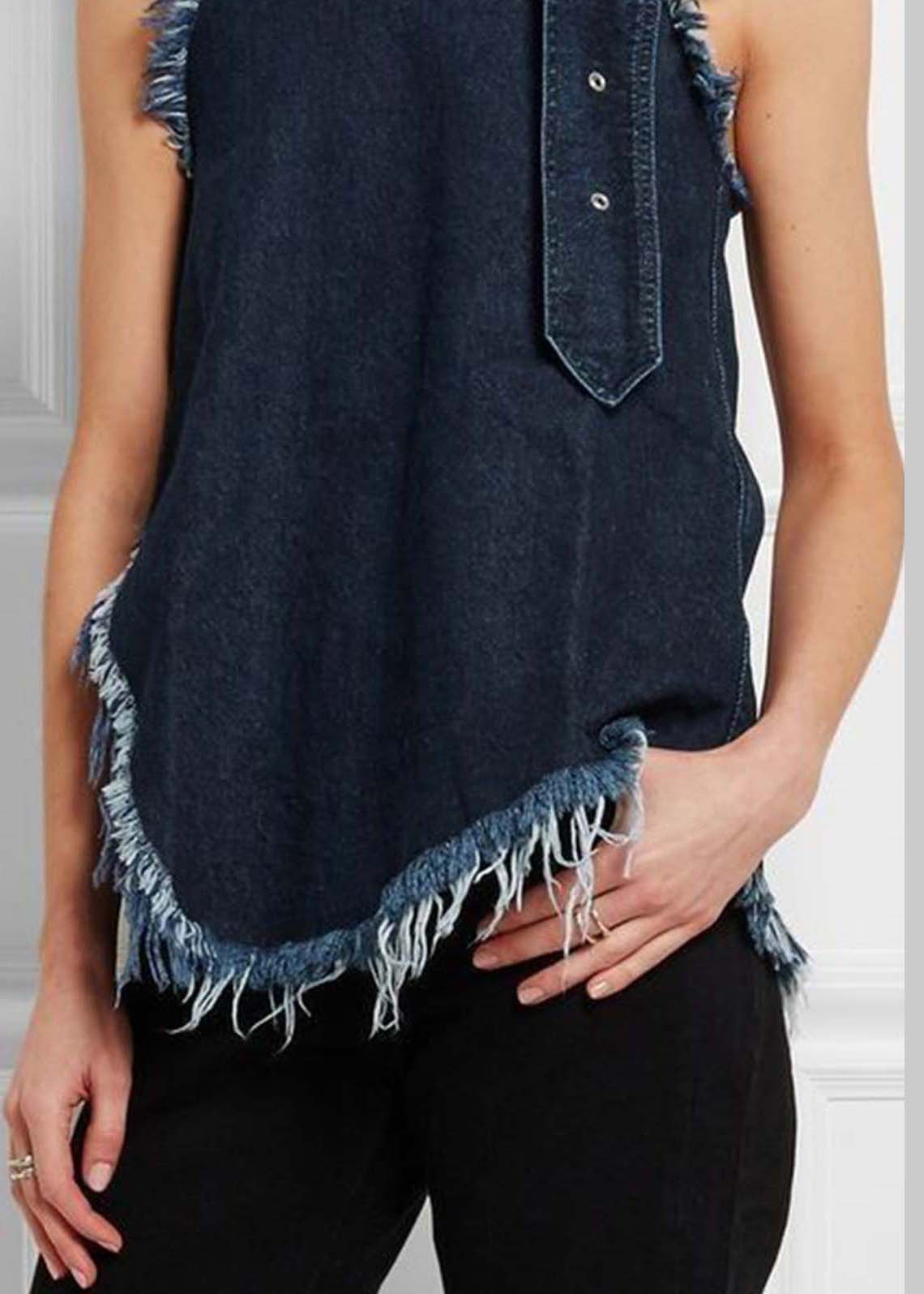 Navy Stand Collar Tassel Denim Vests Sleeveless
