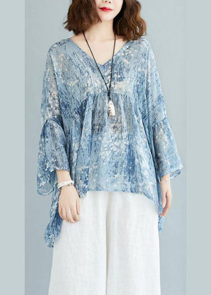 Yellow Loose V Neck Print Patchwork Fall Tops Half Sleeve