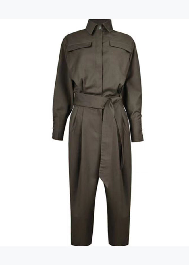 Unique Photo Color Peter Pan Collar Tie Waist Cotton Overalls Jumpsuit Spring