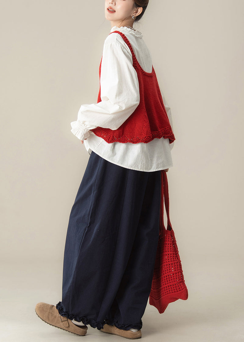 Red Hollow Out Knit Vest White Shirts and Navy Ruffled Pants Cotton Three Pieces Set