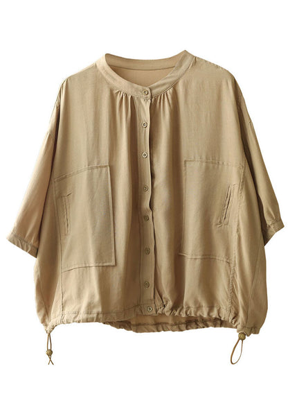 Khaki Stand Collar Drawstring Button Silk Shirt Top Bracelet Sleeve