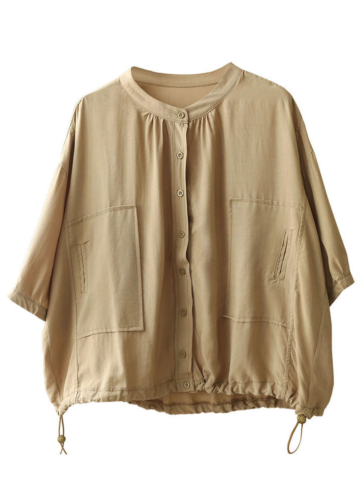 Khaki Stand Collar Drawstring Button Silk Shirt Top Bracelet Sleeve