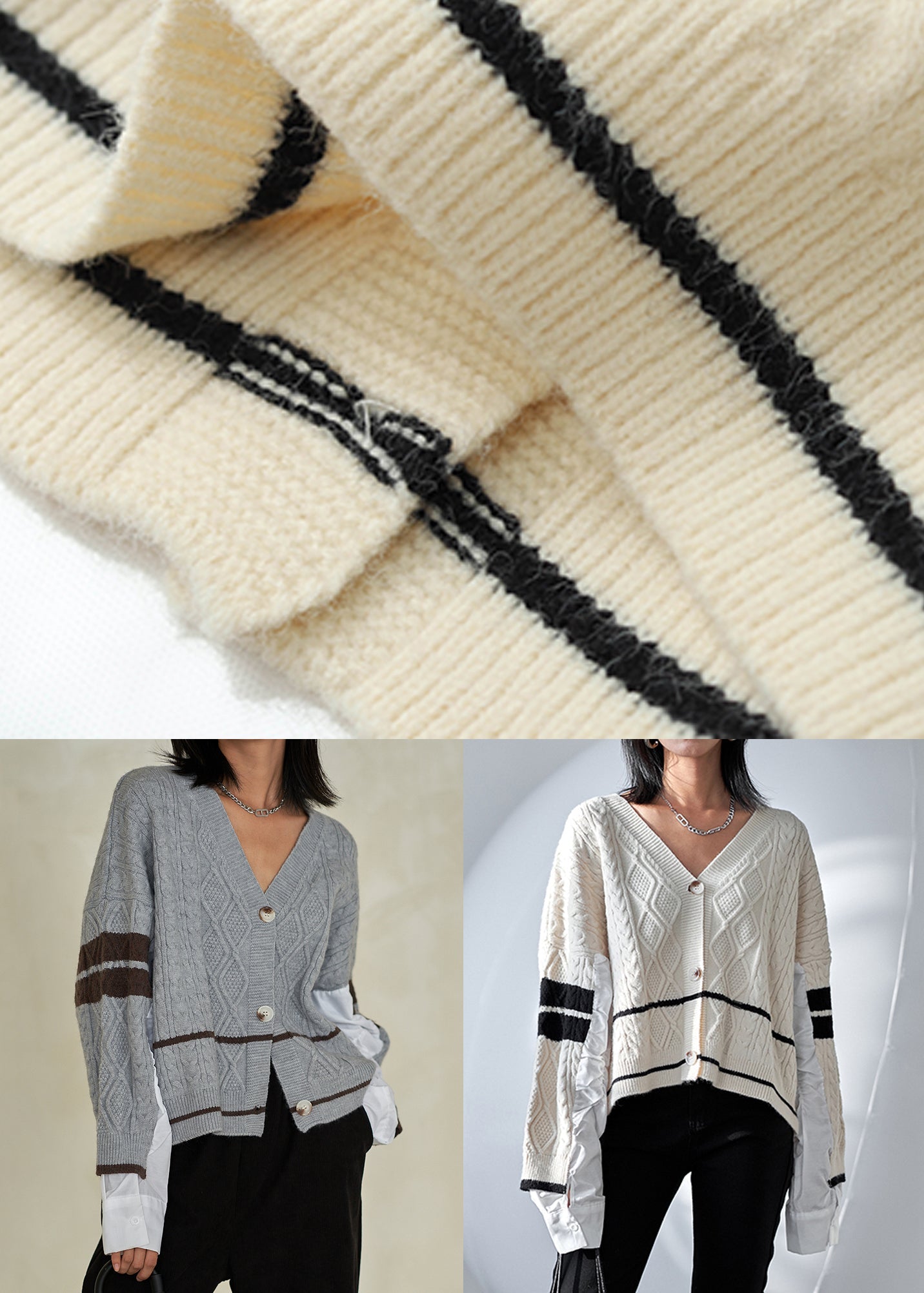 Grey V Neck Button Patchwork Cotton Knit Top Fall