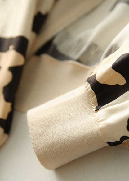 Beige V Neck Zippered Patchwork Print Silk Coat Spring