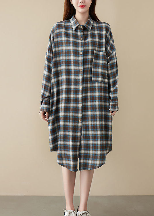 Diy Blue Plaid Peter Pan Collar Button Pockets Fall Long Sleeve Blouse Dresses