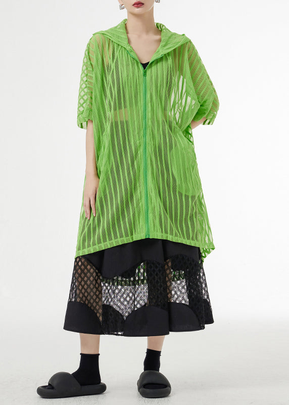 Green Hooded Hollow Out Patchwork Tulle Upf 50+ Coat Half Sleeve