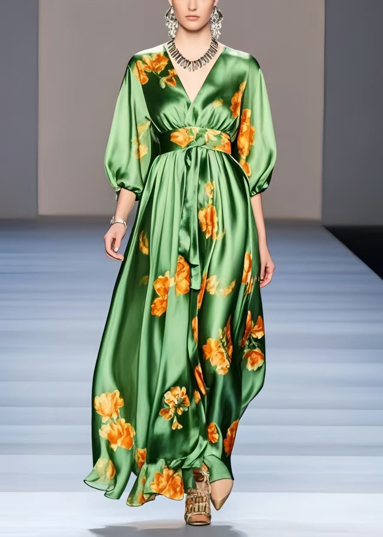 Organic Green Print Exra Large Hem Silk Holiday Dress Half Sleeve Spring