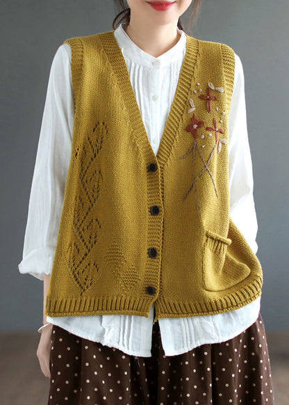 Yellow V Neck Button Patchwork Cotton Knit Waistcoat Sleeveless