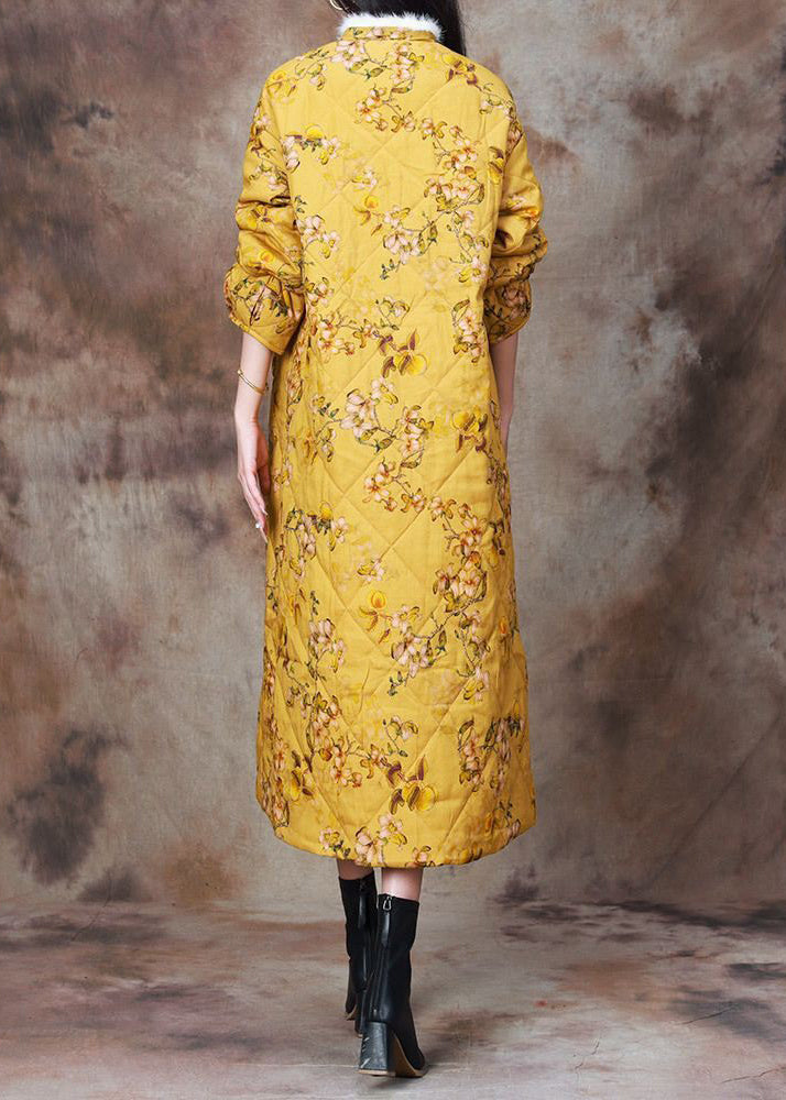Yellow Chinese Button Print Cotton Filled Coat Long Sleeve