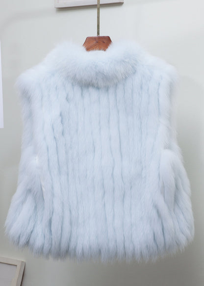 Fine Light Blue Stand Collar Leather and Fur Waistcoat Sleeveless