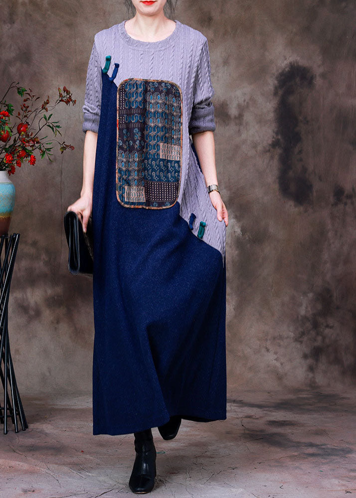 Grey Blue Patchwork Oriental Button Knit Sweater Dress Long Sleeve