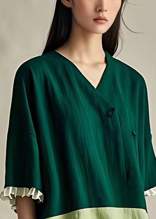 Green Ruffled Patchwork Cotton Shirts Half Sleeve