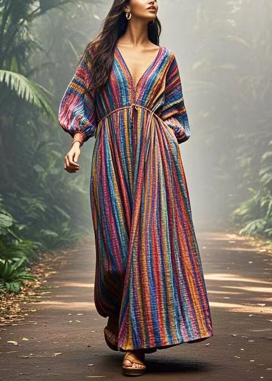 Diy Colorblock V Neck Striped Cotton Vacation Dress Spring