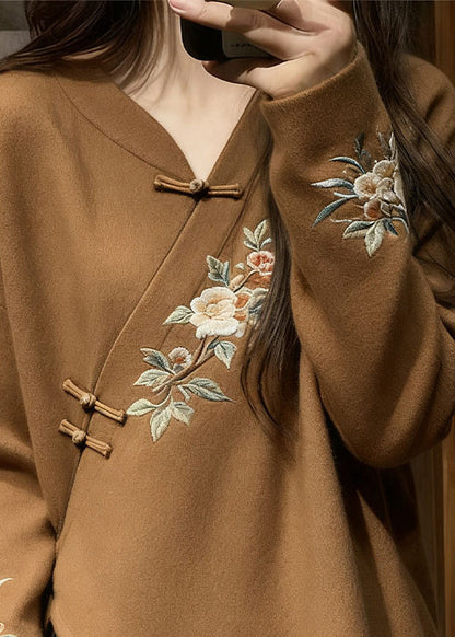 Chinese Style Brown V Neck Knit Sweater Fall