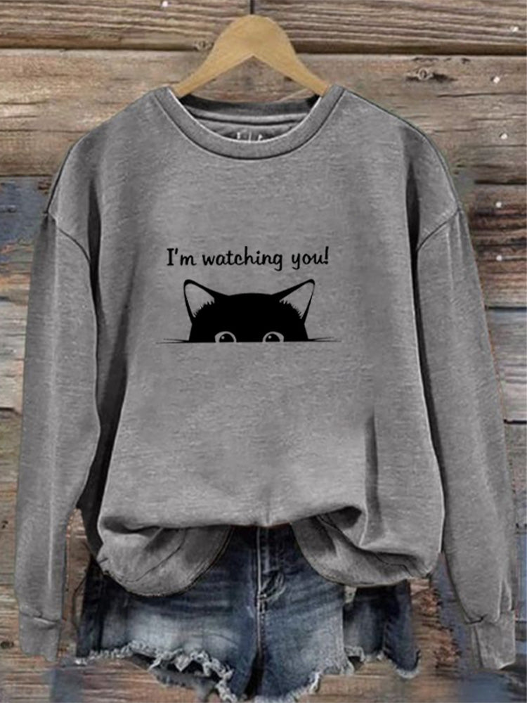 I'm Watching You! Black Cat Print Sweatshirt elevenforest