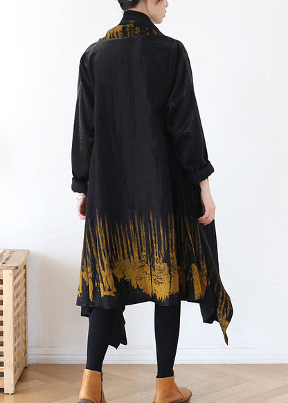 Style Yellow Asymmetrical Print Trench Coats Long Sleeve