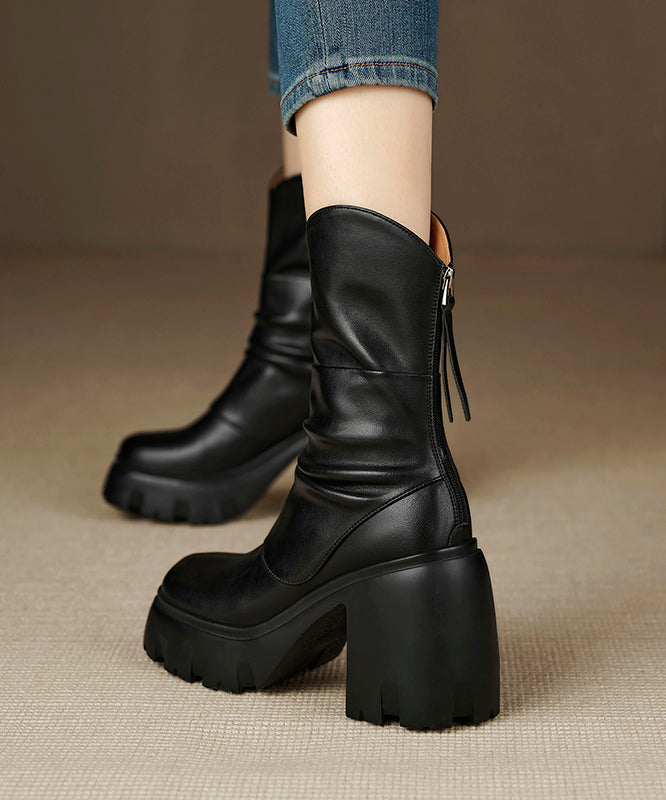 Wrinkled Zippered Splicing Chunky Boots Black Cowhide Leather