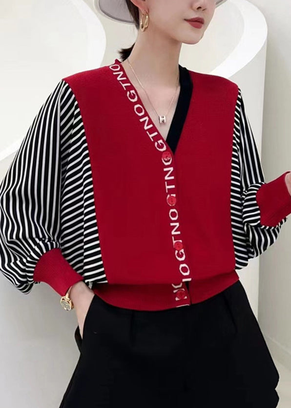 Yellow V Neck Striped Patchwork Button Knit Top Fall