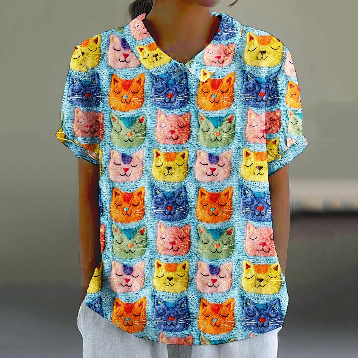Women's Pop Art Embroidered Cat Print Shirt elevenforest