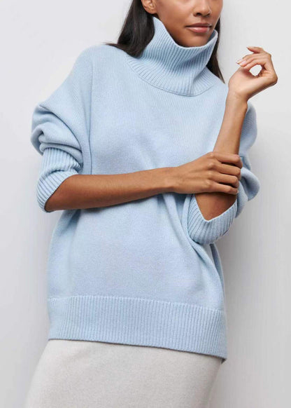 Simple Blue Turtleneck Knit Sweaters Spring