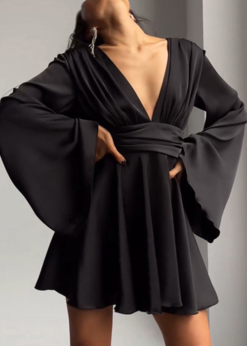 Brown V Neck High Waist Silk Mini Dresses Flare Sleeve