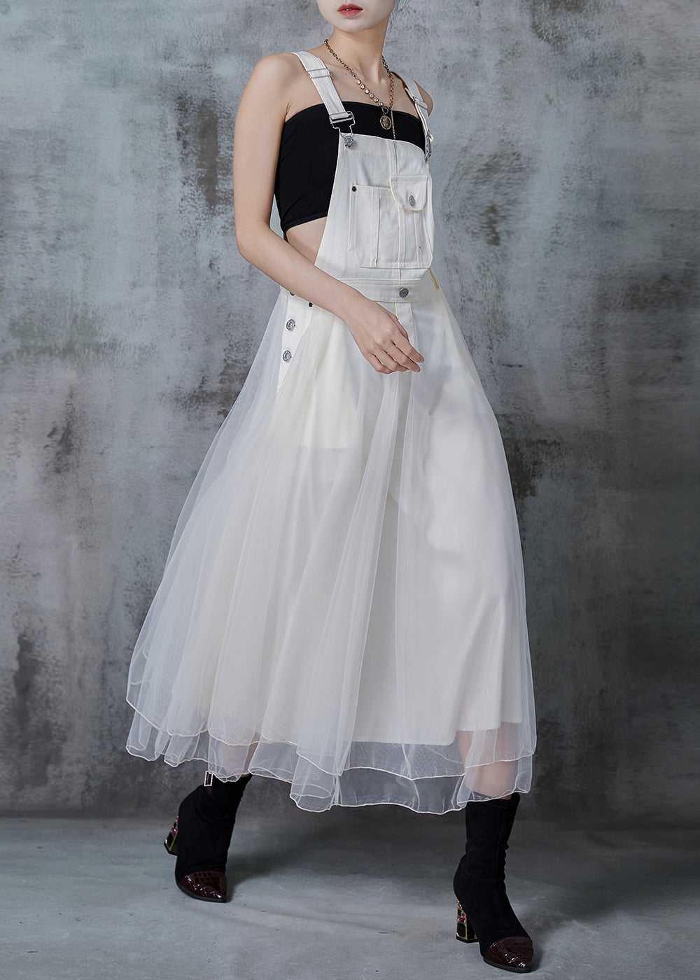 Fitted White Silm Fit Patchwork Organza Long Dress Spring