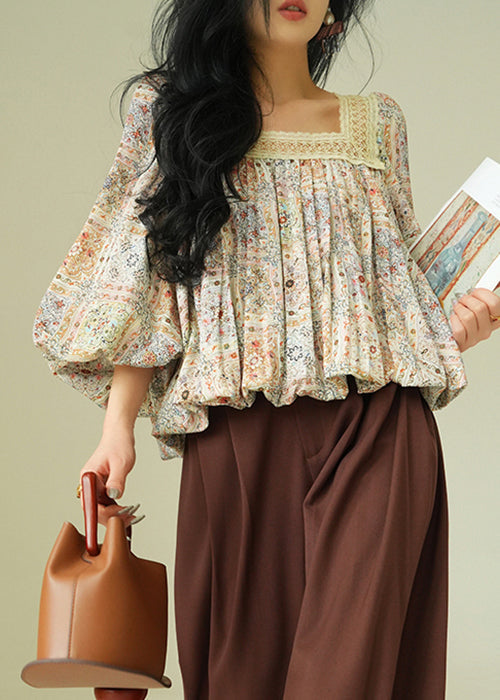 Square Collar Print Lace Up Patchwork Cotton Blouses Fall
