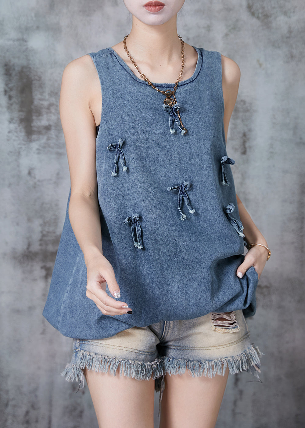 Blue Bow Denim Beach Vest Sleeveless