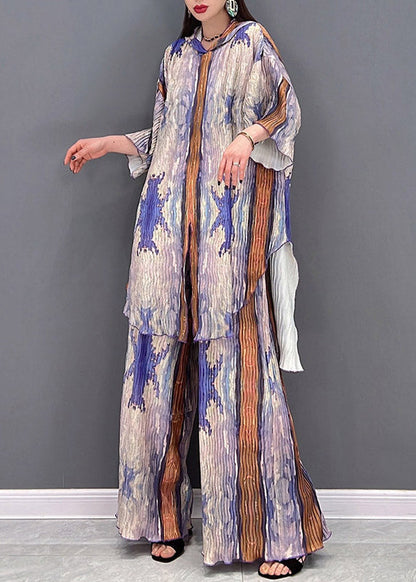 Colorblock Hooded Side Open Print Tops and Wide Leg Pants Two-piece Set Spring